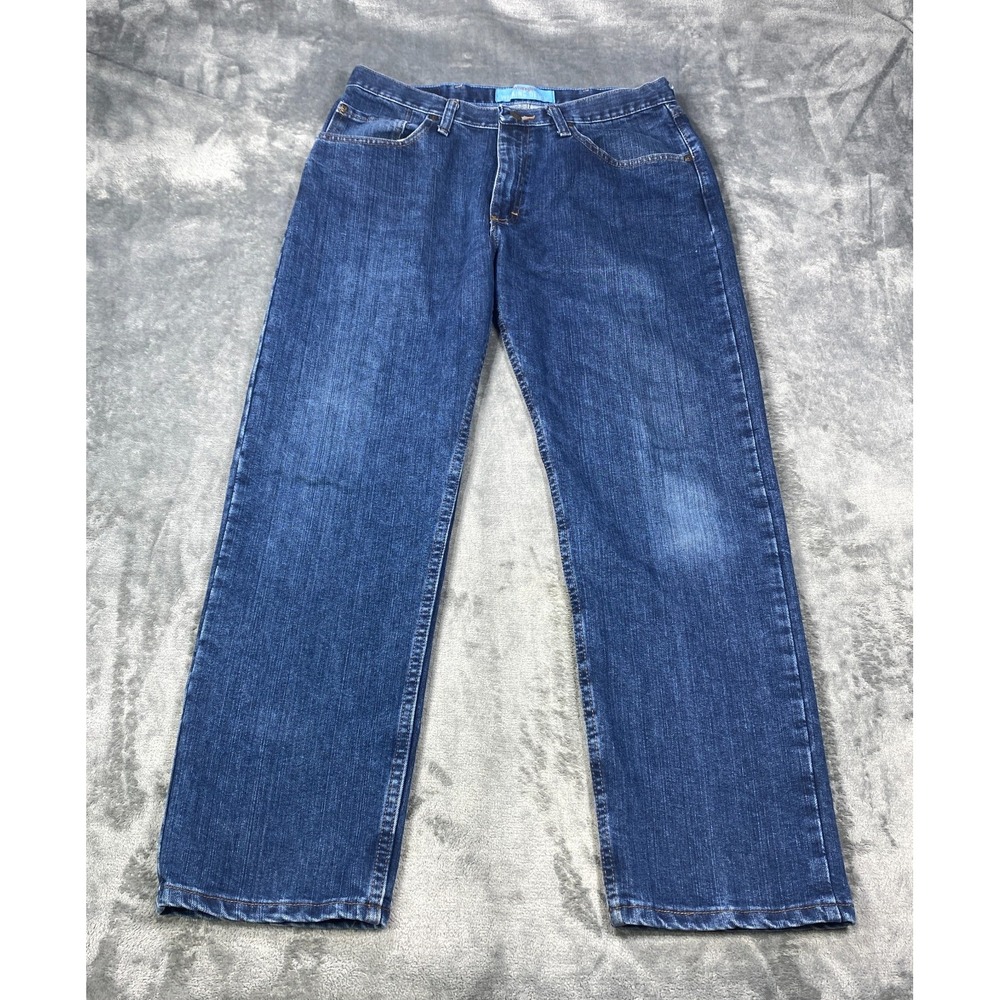 Wrangler Jeans 34x28 Blue Straight Fit Mens Wicking Cool Denim Faded Dark Wash